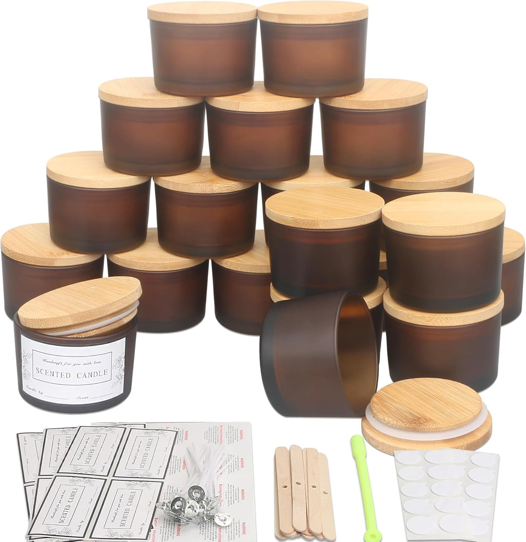 20 Pack 4 OZ Frosted Amber Glass Candle Jars with Lids and Candle Making Kits - Bulk Wide Mouth Small Empty Candle