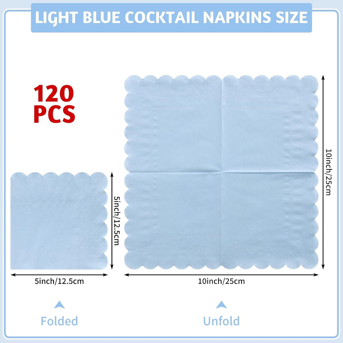 120 Pcs Cocktail Napkins Light Blue Napkins Scalloped, 5 Inch