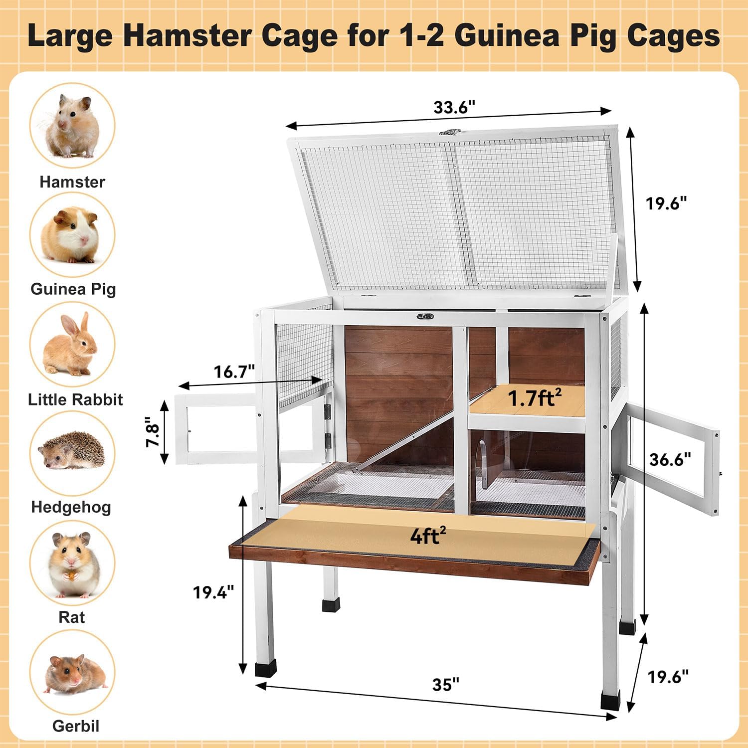 2-Story Guinea Pig Cage with Stand, Indoor Wooden Hamster Cage with Ramp, Pull-Out Tray, Hideout & Platform, Acrylic
