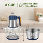 Food Processor, 5-Speed Food Chopper, Electric Meat Grinder, Blue | 2 Bowls (8 Cup+8 Cup) & 2 Sets of Blades, Meat