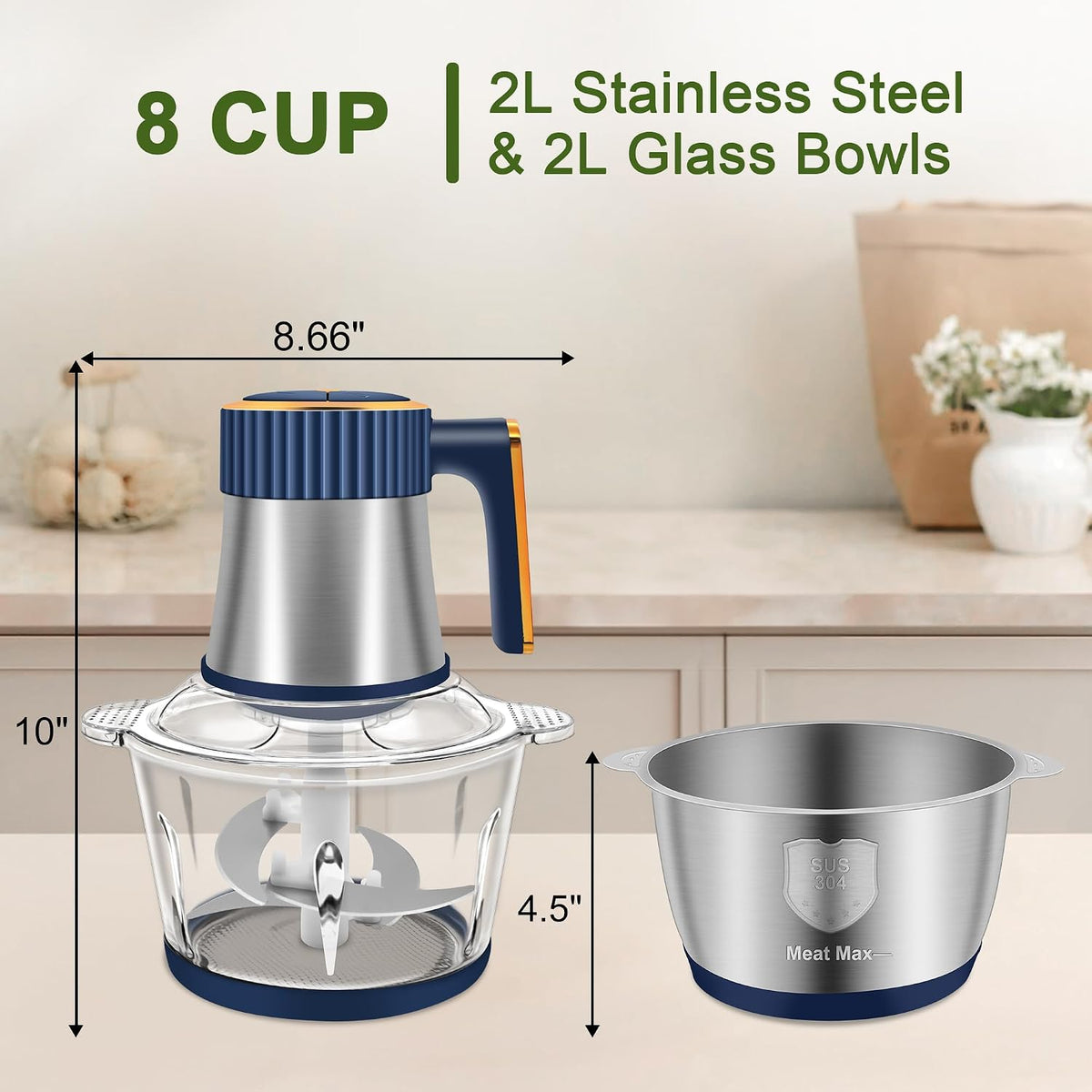 Food Processor, 5-Speed Food Chopper, Electric Meat Grinder, Blue | 2 Bowls (8 Cup+8 Cup) & 2 Sets of Blades, Meat