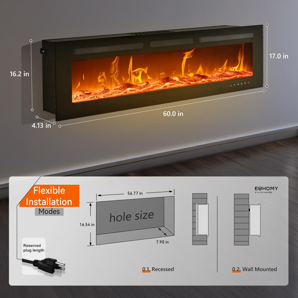 60 Inch Electric Fireplace Recessed and Wall Mounted
