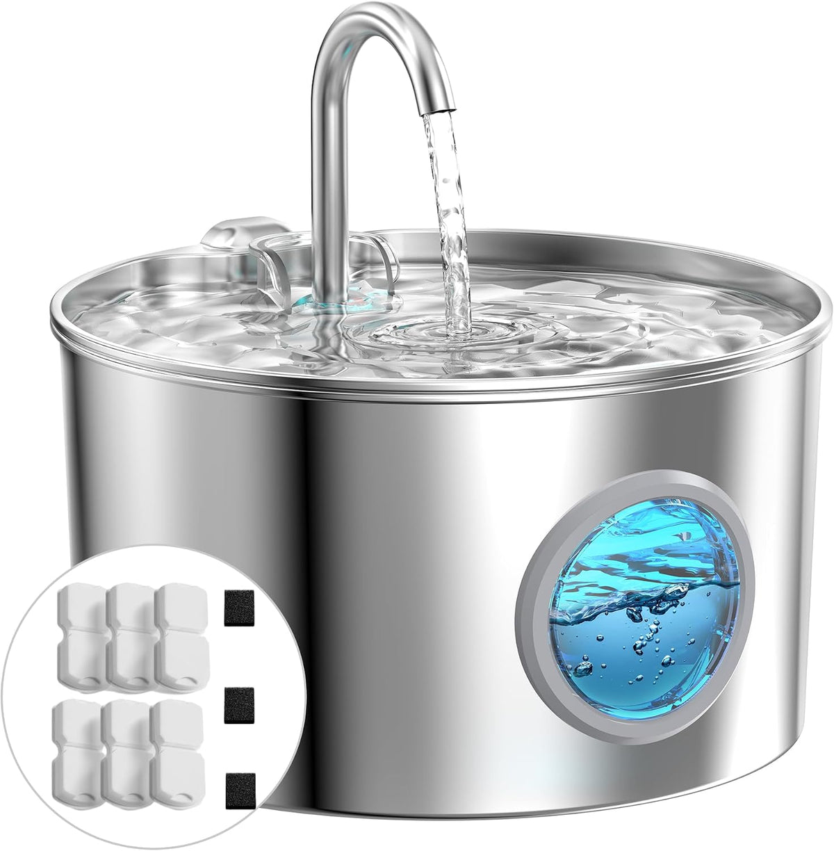 Cat Water Fountain Stainless Steel: Cat Fountain with 6 Filters + 3 Sponges