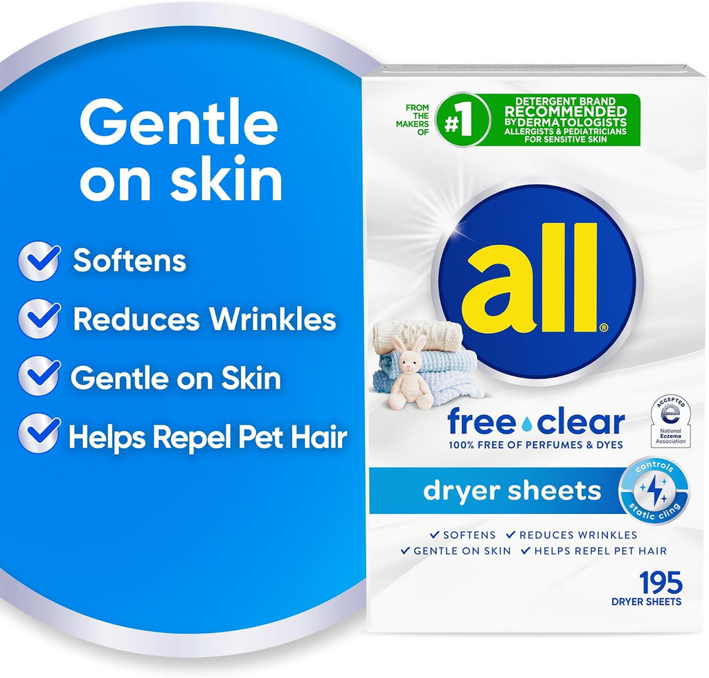 free clear Fabric Softener Dryer Sheets for Sensitive Skin, 195 Count