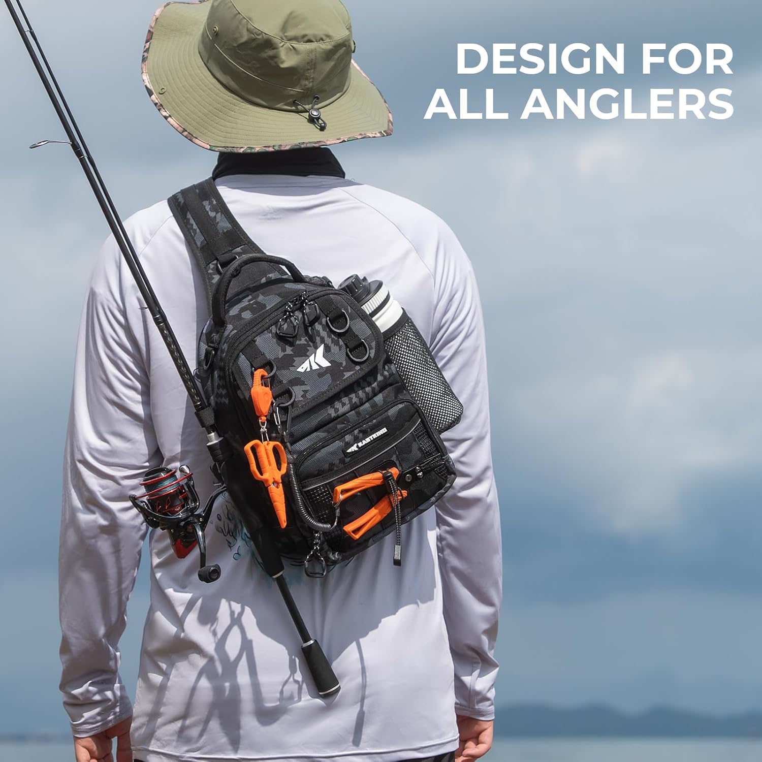 BaitSpace Fishing Sling Bag, Fishing Backpack with Rod Holder | Water-Resistant Tackle Storage with Detachable Soft