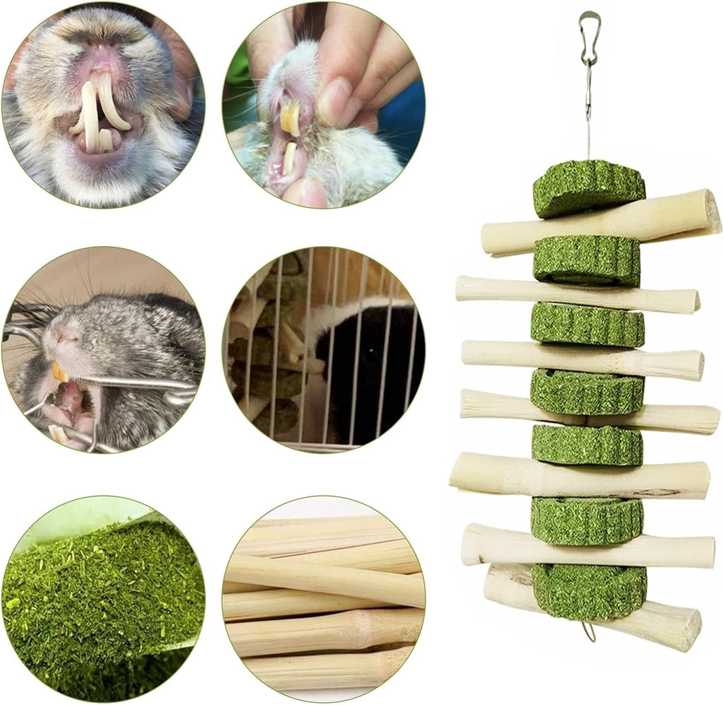 2 PCS Bunny Chew Toys for Teeth Natural Rabbit Toys Hanging Sweet Bamboo Chews with Grass Cake Guinea Pig Toys Snack