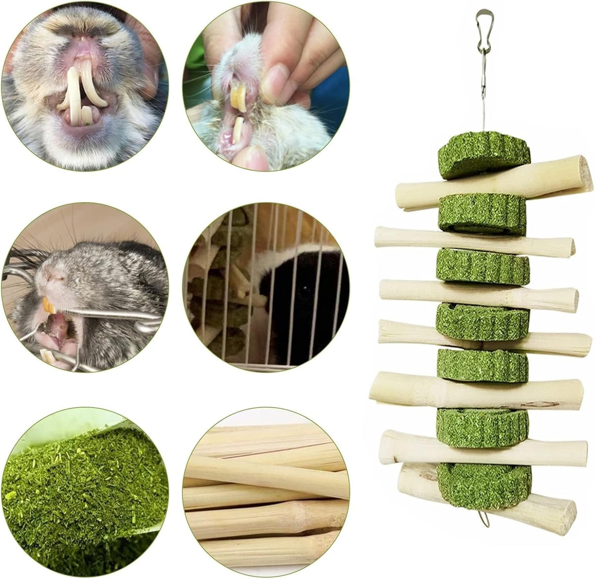 2 PCS Bunny Chew Toys for Teeth Natural Rabbit Toys Hanging Sweet Bamboo Chews with Grass Cake Guinea Pig Toys Snack