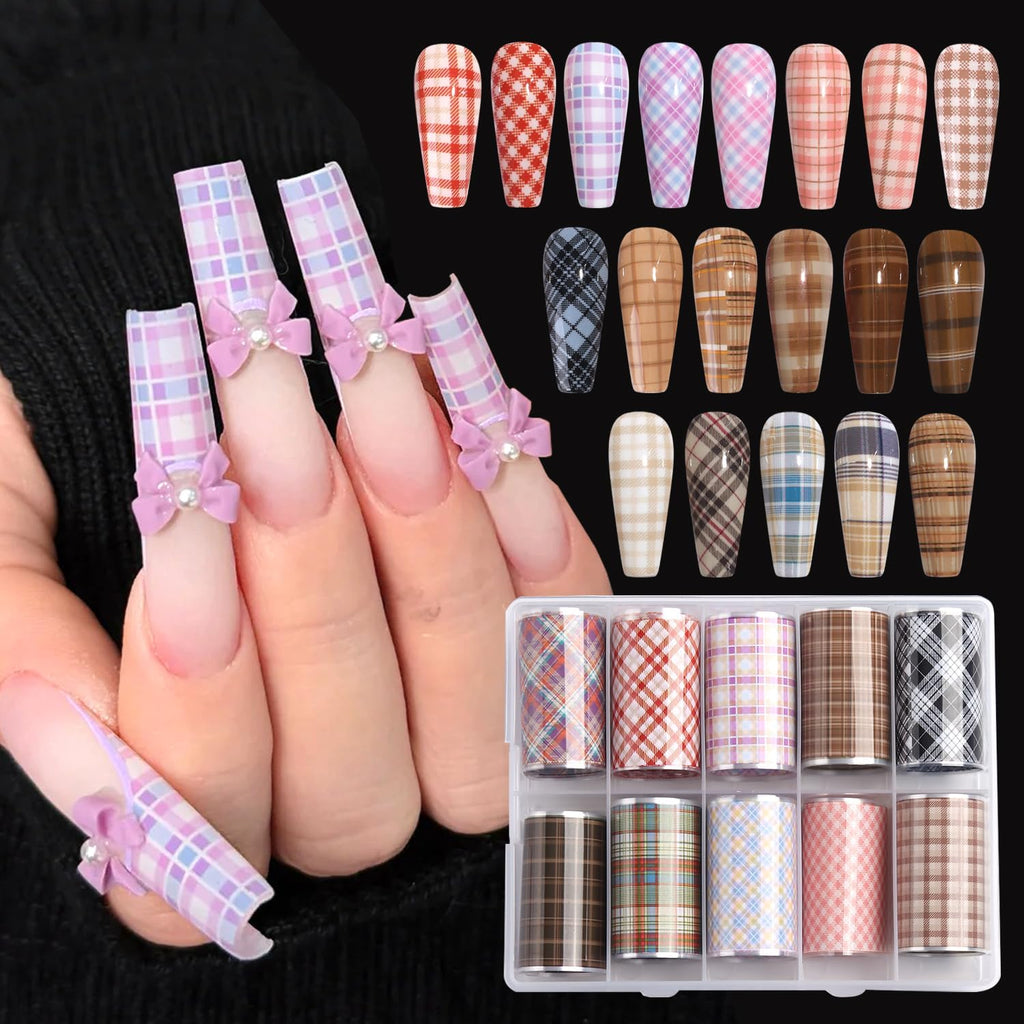 10 Rolls Plaid Nail Art Foil Transfer Sticker Colorful Checkered Pattern