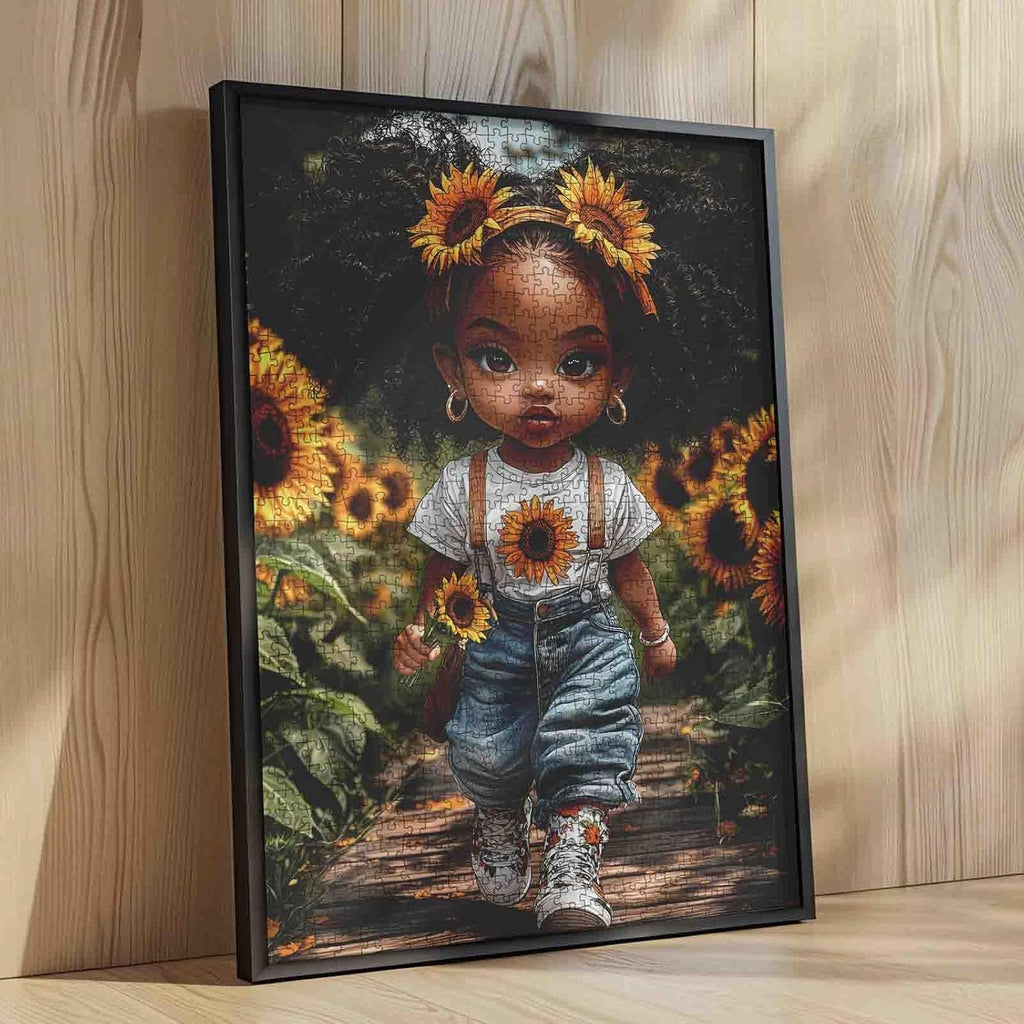 Sunflower African Girl Jigsaw Puzzle for Adults 1000 Pieces, Cute Afro Curly Hair Girl Puzzles Colorful Floral Art
