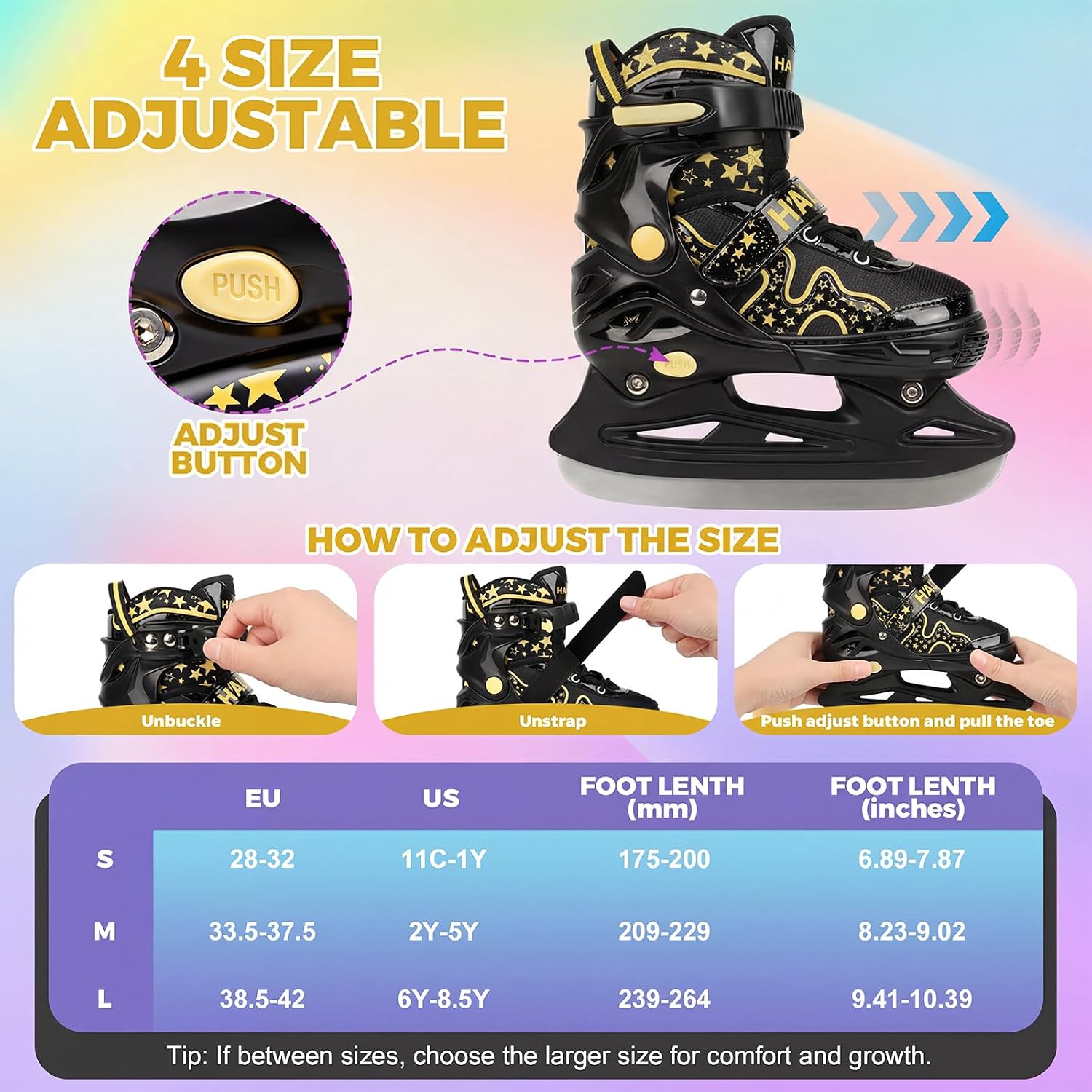 Ice Skates for Kids Girls Boys with Glitter Star, Adjustable Skates for Beginner with Triple Safety Closure, Gradient