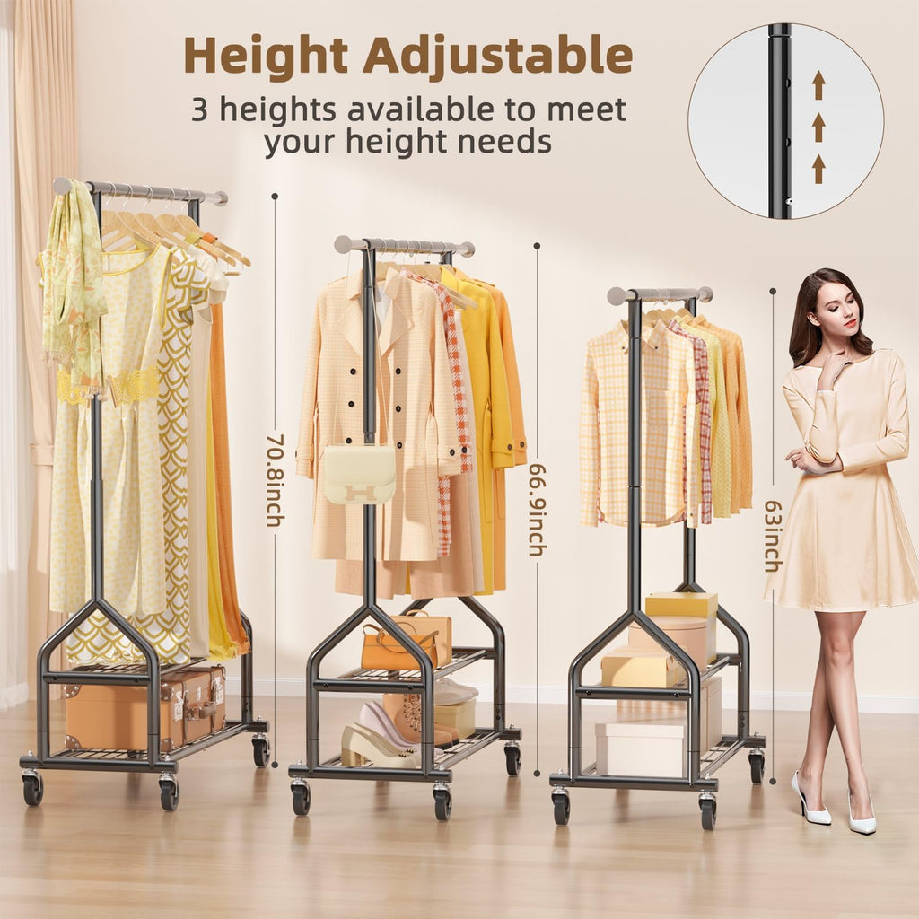 Heavy Duty Clothes Rack Load 556 LBS, Rolling Clothing Rack With Shelves, Height Adjustable Metal Clothes Hanger with