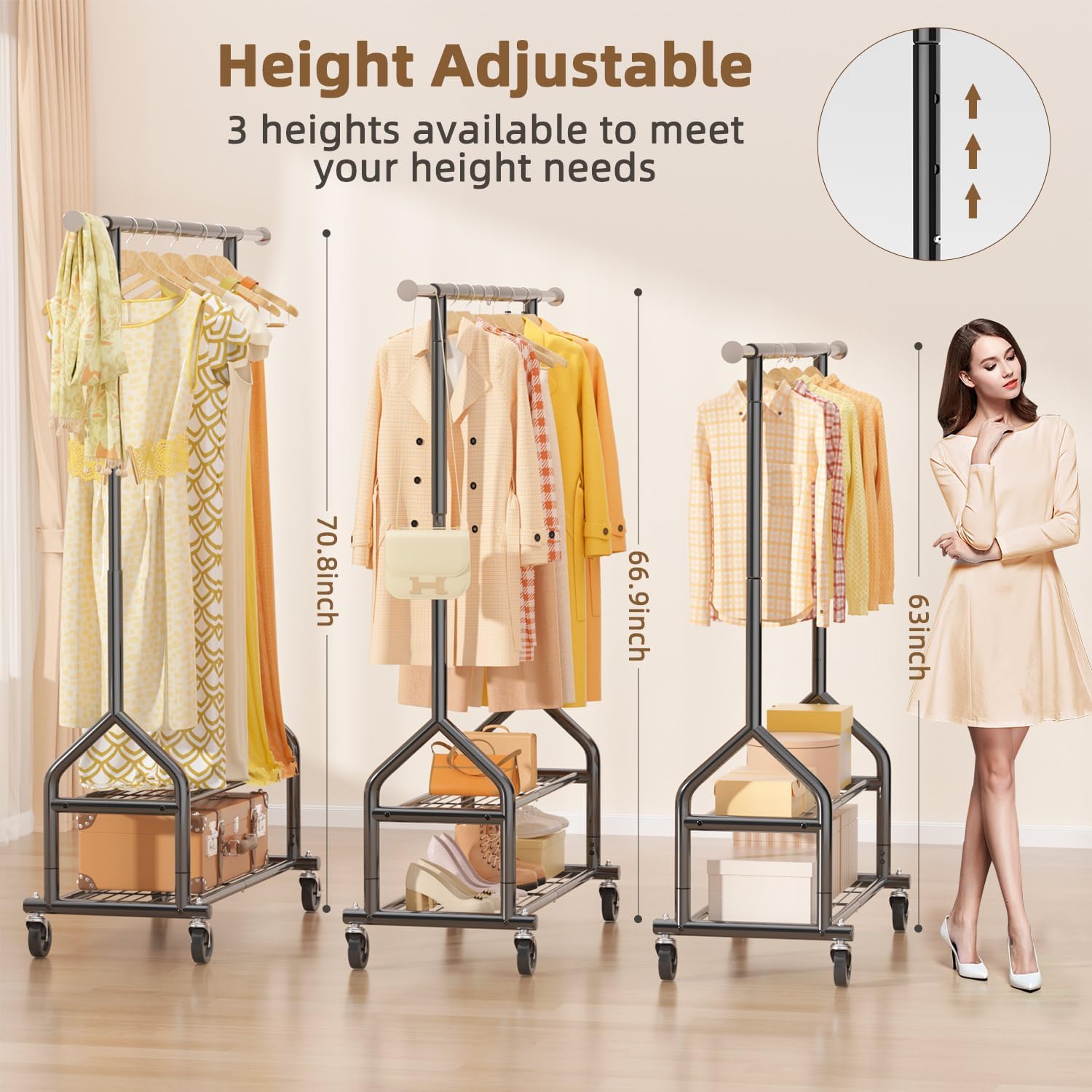 Heavy Duty Clothes Rack Load 556 LBS, Rolling Clothing Rack With Shelves, Height Adjustable Metal Clothes Hanger with