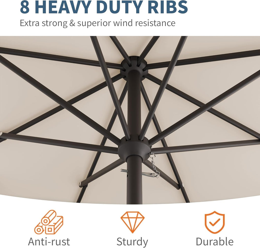 10FT Patio Umbrella, Outdoor Umbrella with Push Button Tilt and Crank, 8 Sturdy Ribs, UV Protection & Waterproof