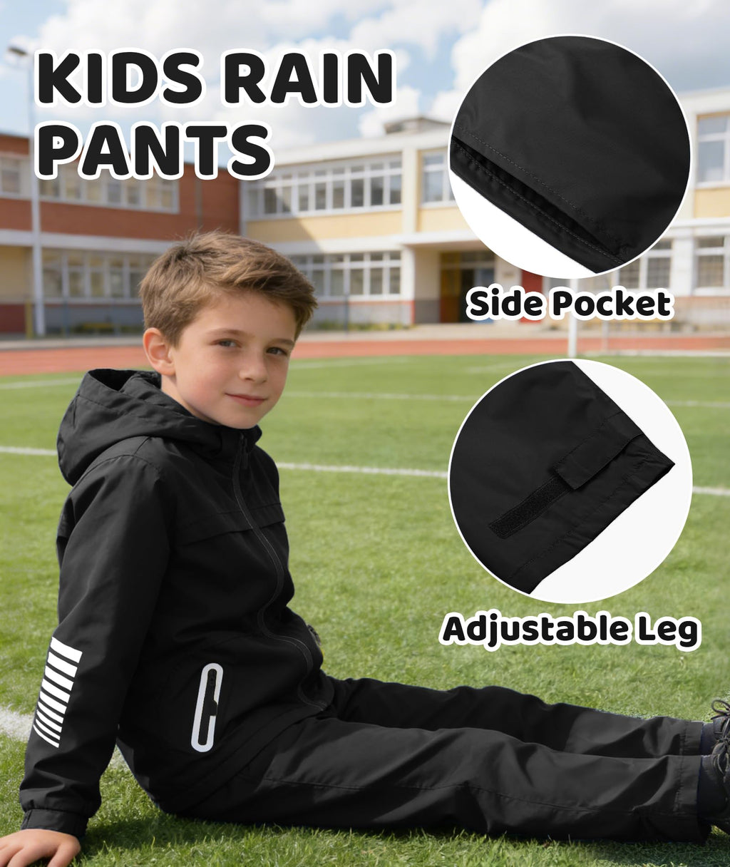 Boys Rain Jacket & Pants Kids Rain Suit Black 10-12 Years