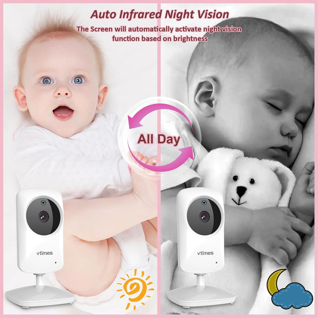 Baby Monitor with Camera and Audio, No WiFi, 2.4" LCD Screen, Two-Way Talk, Portable, Night Vision, 1000ft Range