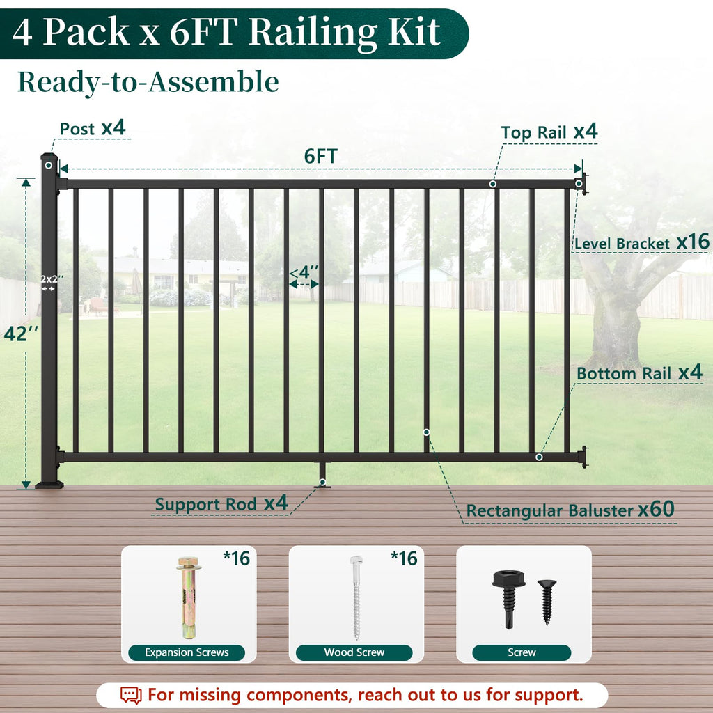4-Pack 6ft.W x 42in.H Aluminum Deck Railing Kit,Modular Porch Railing
