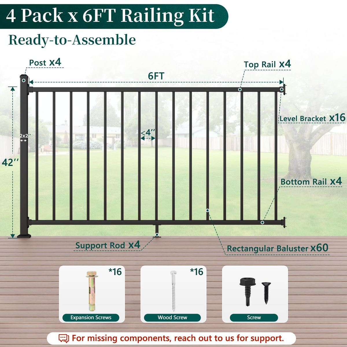 4-Pack 6ft.W x 42in.H Aluminum Deck Railing Kit,Modular Porch Railing