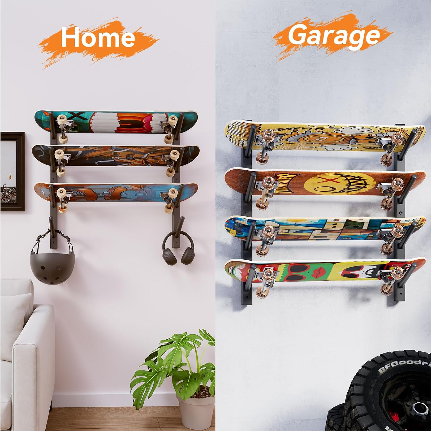 Skateboard Wall Mount, 6 Layer Skateboard Rack Holder, UHSD002B | Snowboard Wall Mount for Storage Longboard Deck