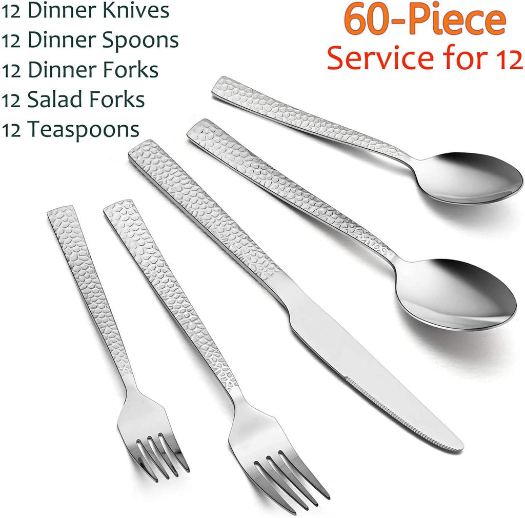 60-Piece Silverware Set, Hammered Stainless Steel Square Flatware Cutlery Set for 12, Tableware Set Eating Utensils
