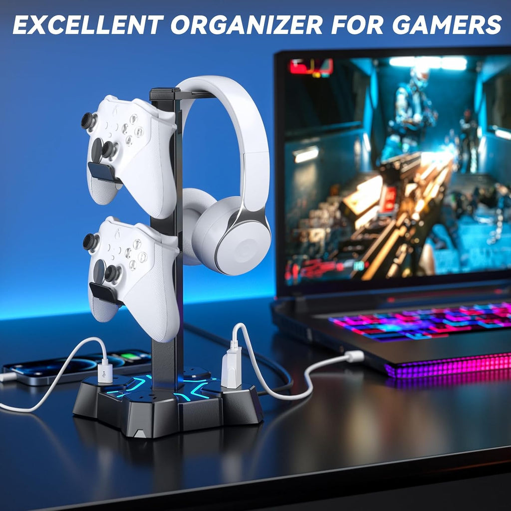 Headphone Stand with USB Charger, Controller Stand for Desk, Headphone Holder with 2 USB Charging Ports and 3 AC