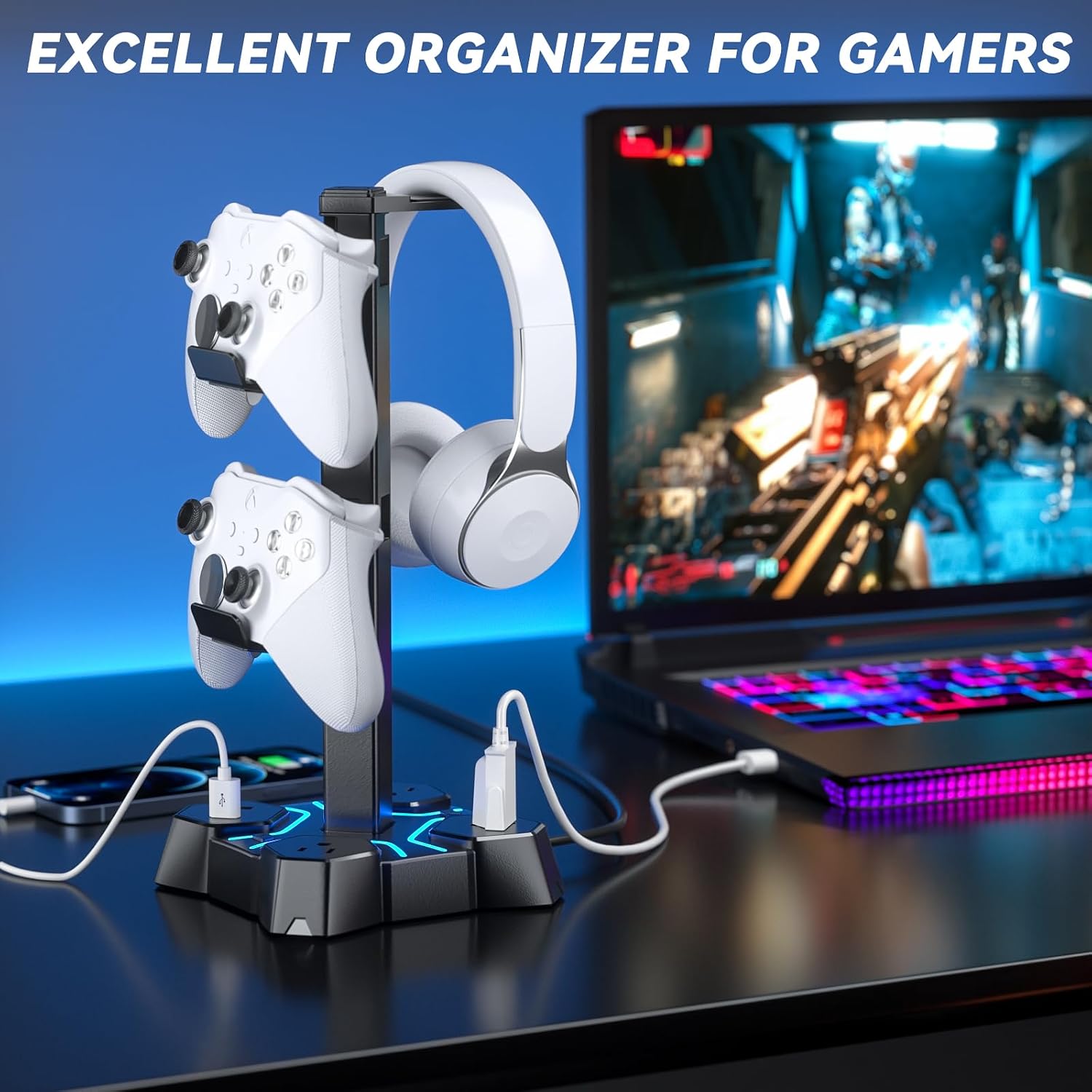 Headphone Stand with USB Charger, Controller Stand for Desk, Headphone Holder with 2 USB Charging Ports and 3 AC