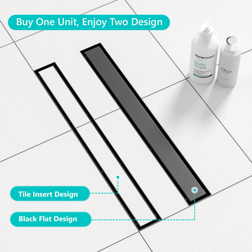 24" Matte Black Linear Shower Drain,2-in-1 Flat& Tile Insert Cover