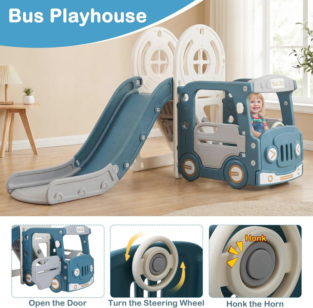 Toddler Slide and Swing Set, 5 in 1 Bus Themed Baby Slide with Climber Basketball Hoop Car Playhouse for Indoor