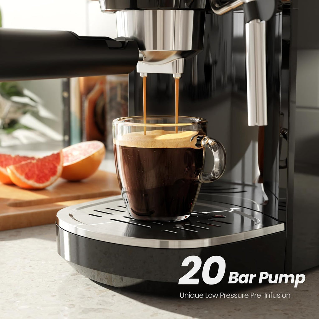 Stainless Steel 20 Bar Espresso Machine for Home Latte Cappuccino | 25s Heat-Up, Preset Single & Double Espresso