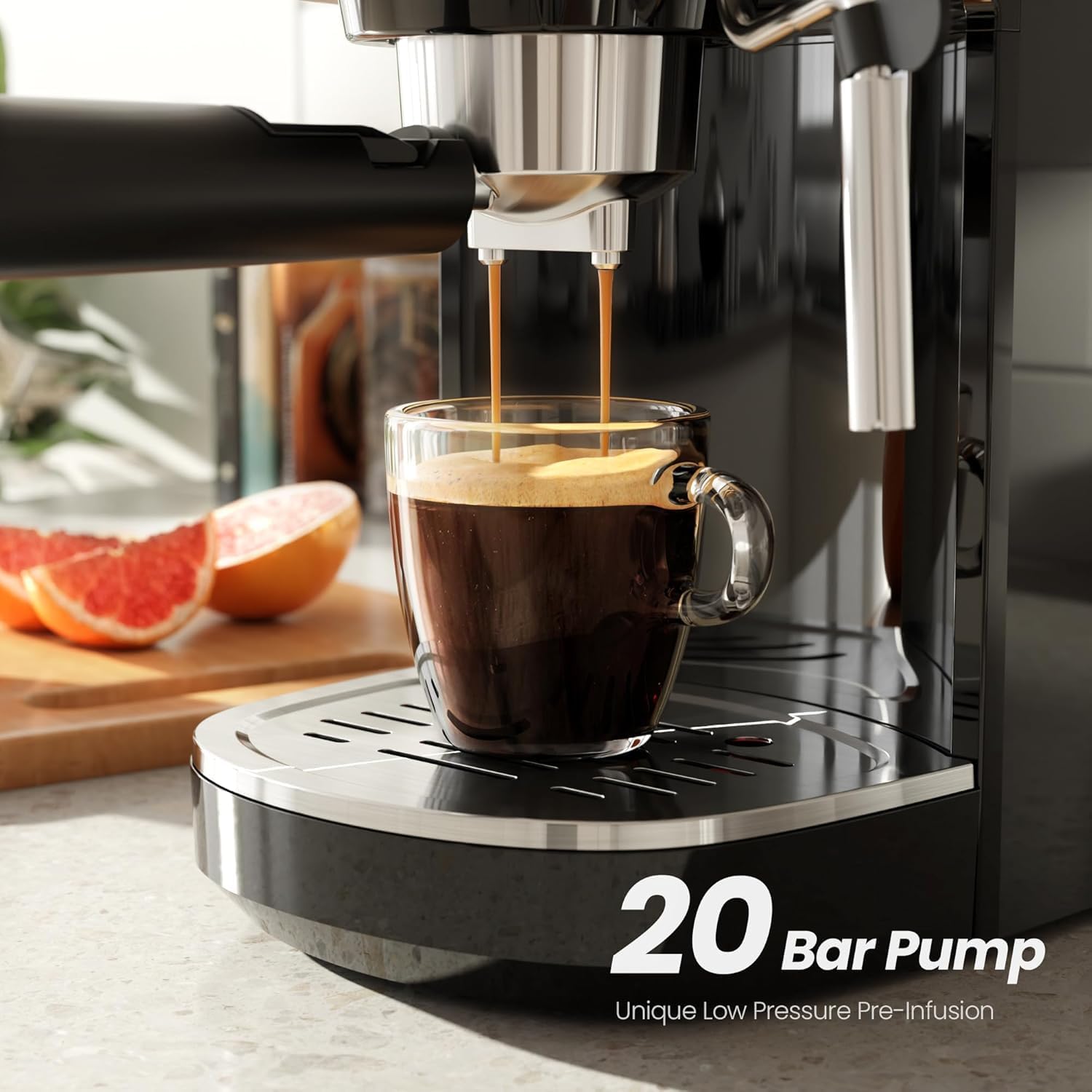 Stainless Steel 20 Bar Espresso Machine for Home Latte Cappuccino | 25s Heat-Up, Preset Single & Double Espresso