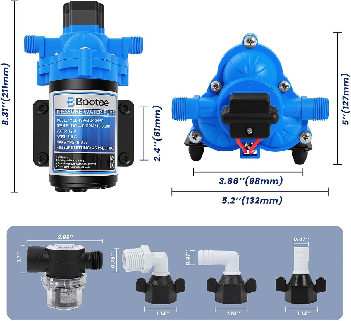 Bootee 12V RV Water Pump, 4.0 GPM 45PSI Automatic Pressure Switch, Self-Priming Fresh Water Pump for RV Marine Camping, 12 Volt DC Water Transfer Pump with Thermal Protection