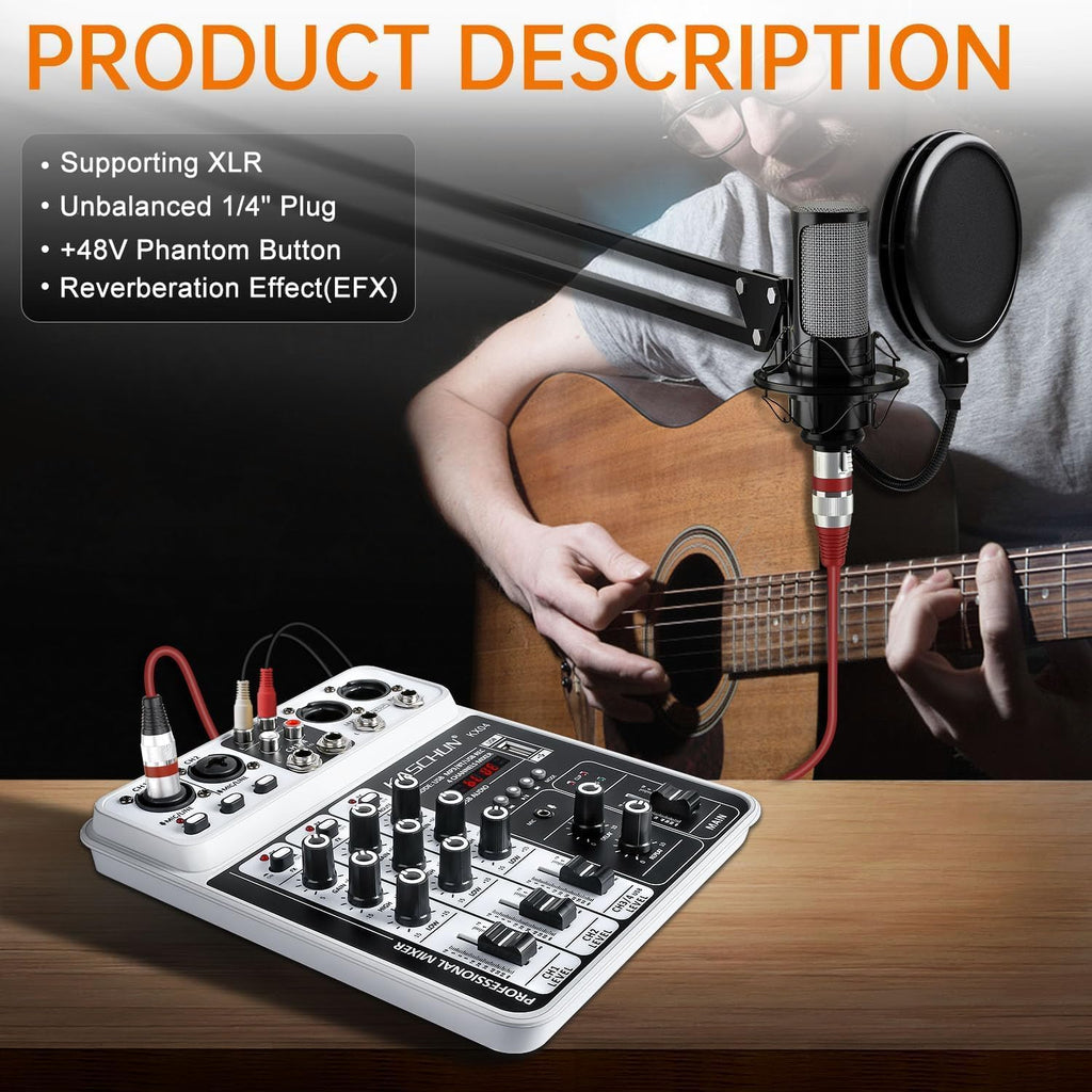 4-Channel DJ Audio Mixer, Bluetooth Sound Board with USB MP3 Input | Compact Mixer Board with 48V Phantom Power
