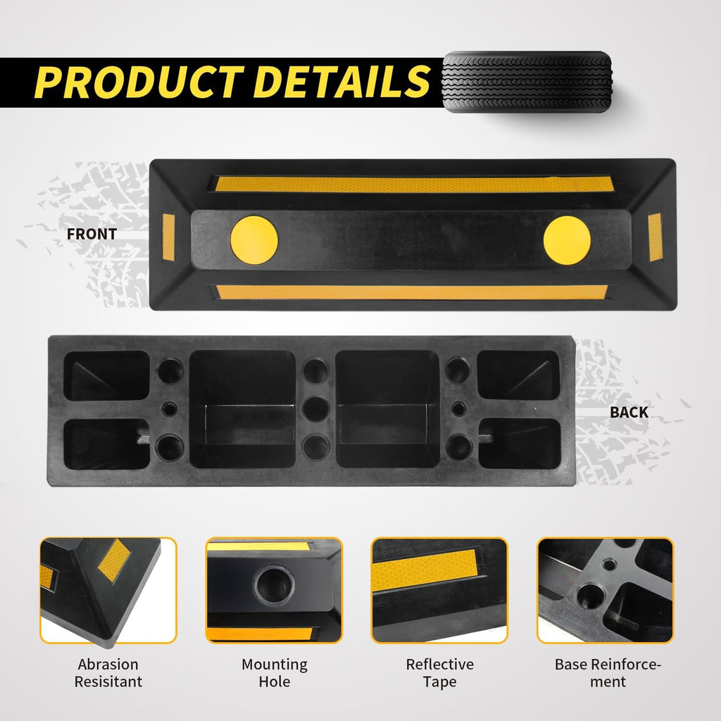 50135 2-Pack Commercial Grade Rubber Curb Parking Blocks with Yellow Reflective Strips Wheel Stops for Cars, Vans