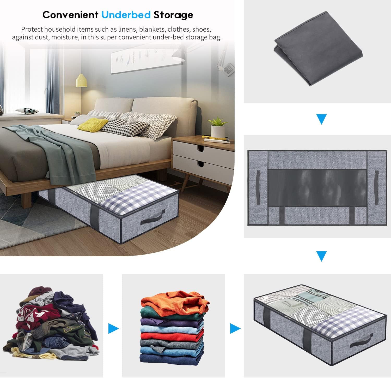 Foldable Underbed Bags 2 Pack - Blankets Clothes Comforters Storage Bag Breathable Zippered Organizer for Bedroom