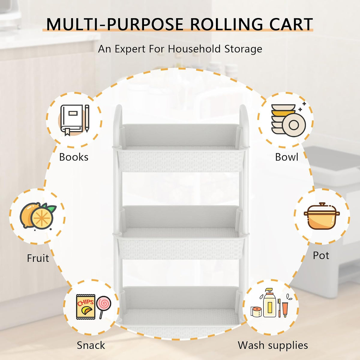 3-Tier Plastic Rolling Utility Cart with Handle,Utility Storage Cart for Office, Living Room, Kitchen,Movable Storage