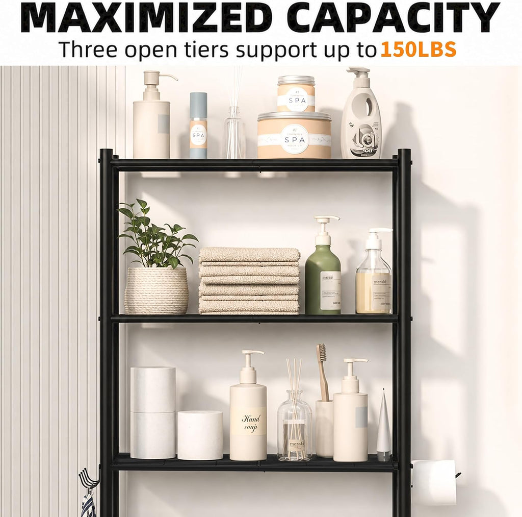 3-Tier Over Toilet Storage, Anti-Tilt, 64" H, Black | Anti-Tilt Safety System, 150lb Capacity, Carbon Steel