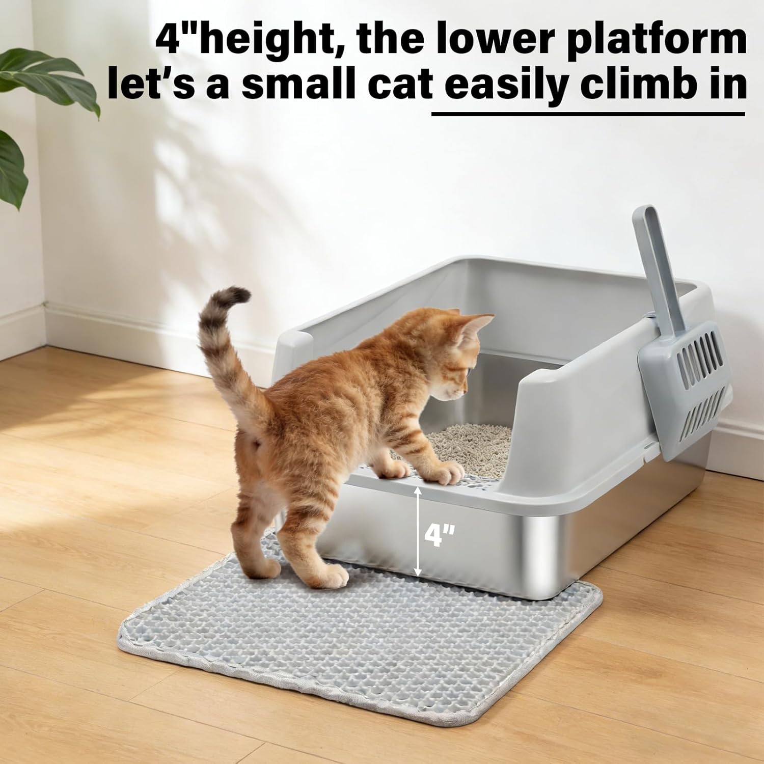 Stainless Steel Litter Box with Lid, Metal Litter Box High Sides, Low Entry Litter Boxes with Scoop and