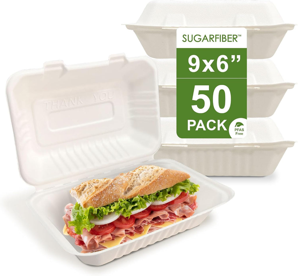 9X6 inch Compostable White Clamshell Take Out Food Containers togo boxes