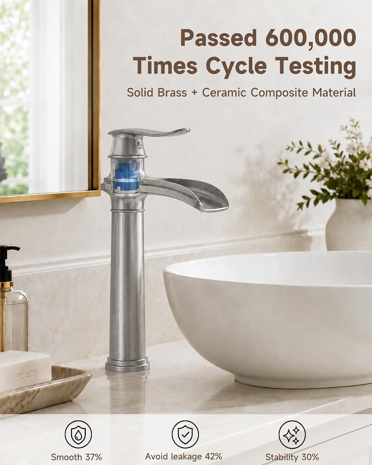 Vessel Sink Faucet Brushed Nickel Tall Waterfall Bathroom Faucet