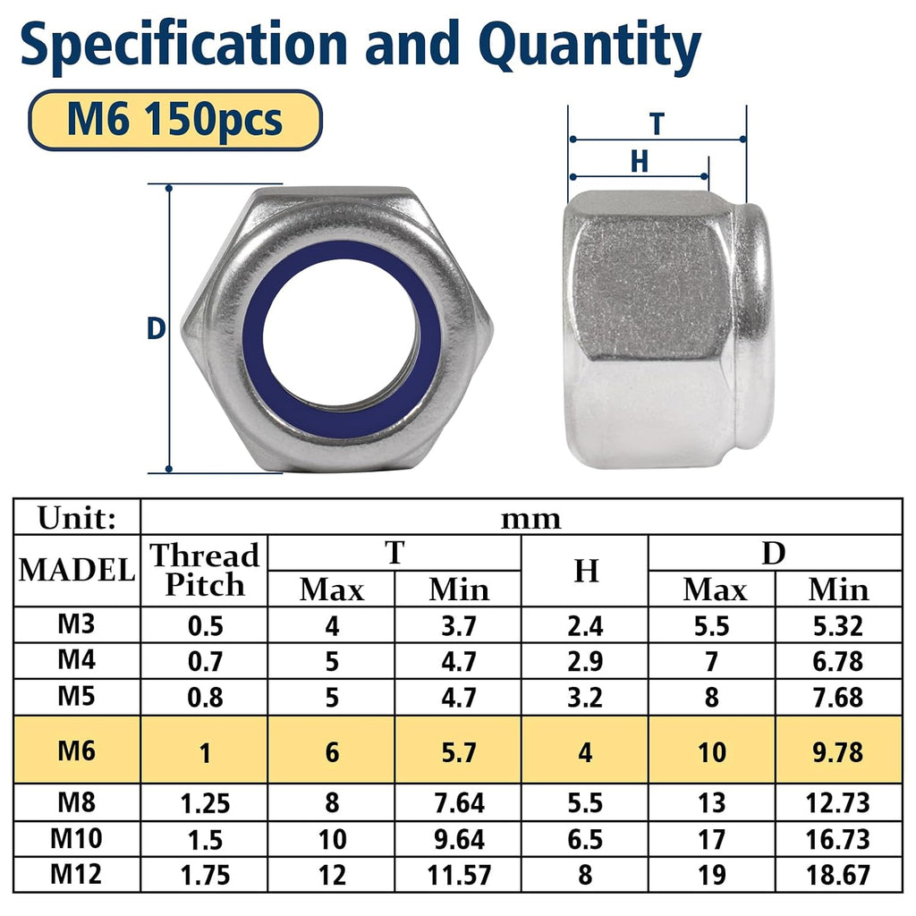 M6-1.0 Lock Nut, 150Pcs Stainless Steel Nylock Insert Locking Nuts
