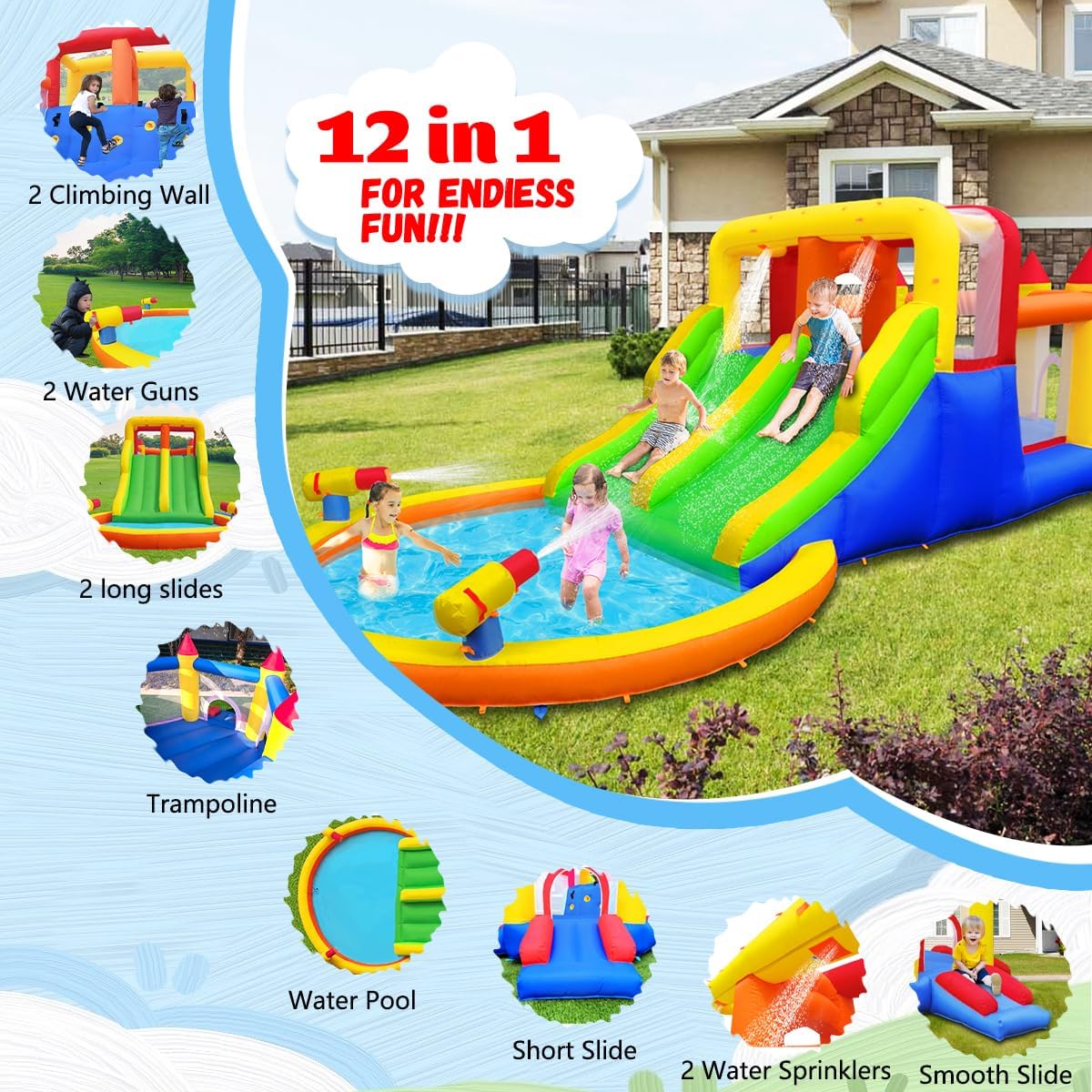 InfIatable Bonuce House with 4 Slides & Large Splash Pool, Water Park with Ultra-Wide Climbing Wall, Jumping, Water