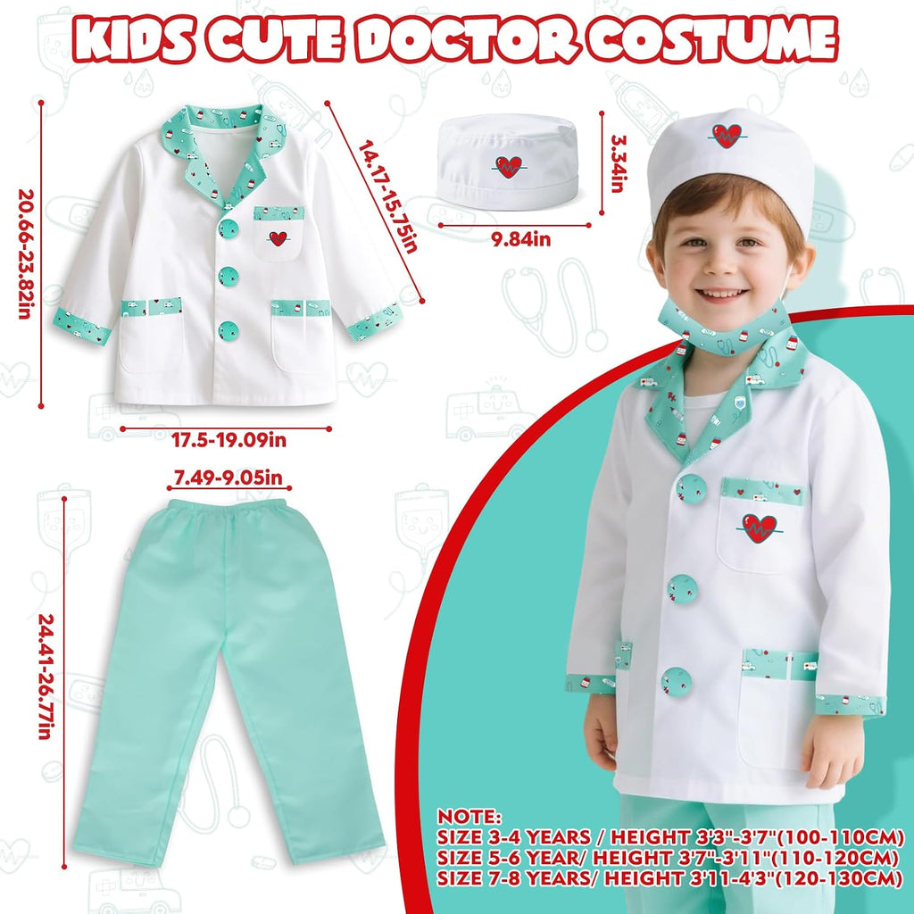 Doctor Costume for Kids, Doctor Dress Up and Play Set 8 PCS with Stethoscope, Role Play Costume for Toddlers 4-6