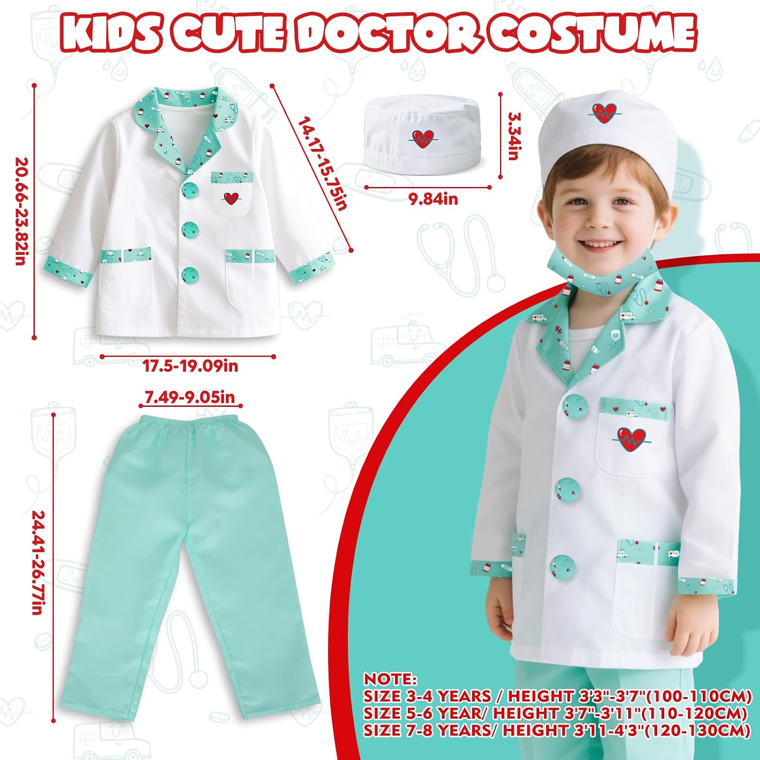 Doctor Costume for Kids, Doctor Dress Up and Play Set 8 PCS with Stethoscope, Role Play Costume for Toddlers 4-6