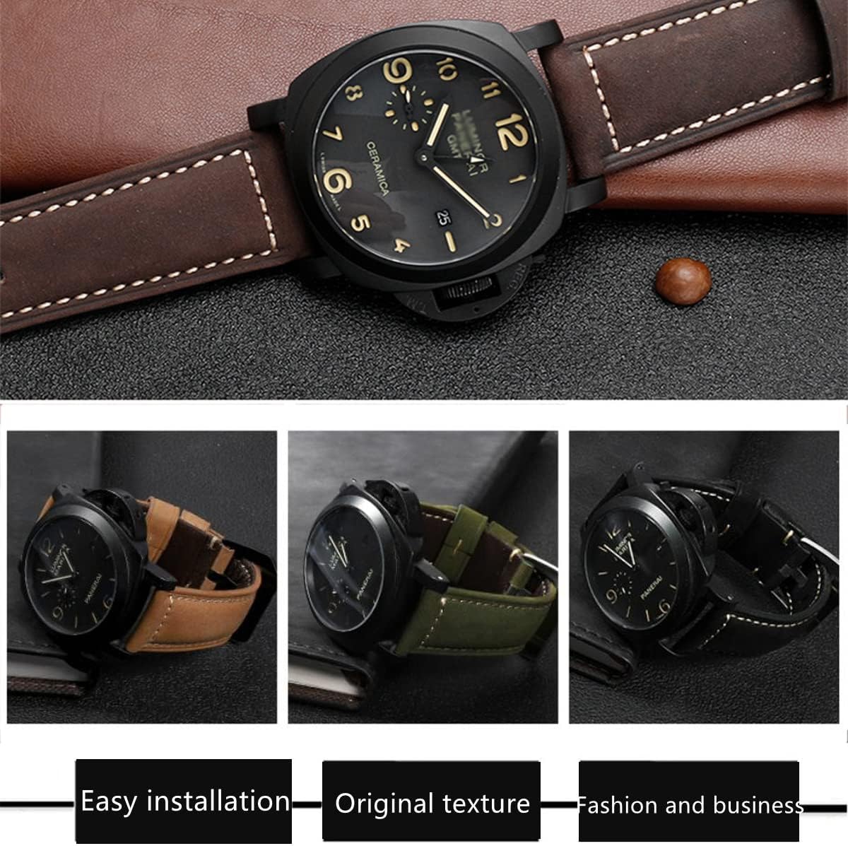 Vintage Leather Watch Bands for Men - Top Grain Leather Compatible with Panerai Watch Band - 20mm, 22mm, 24mm, 26mm