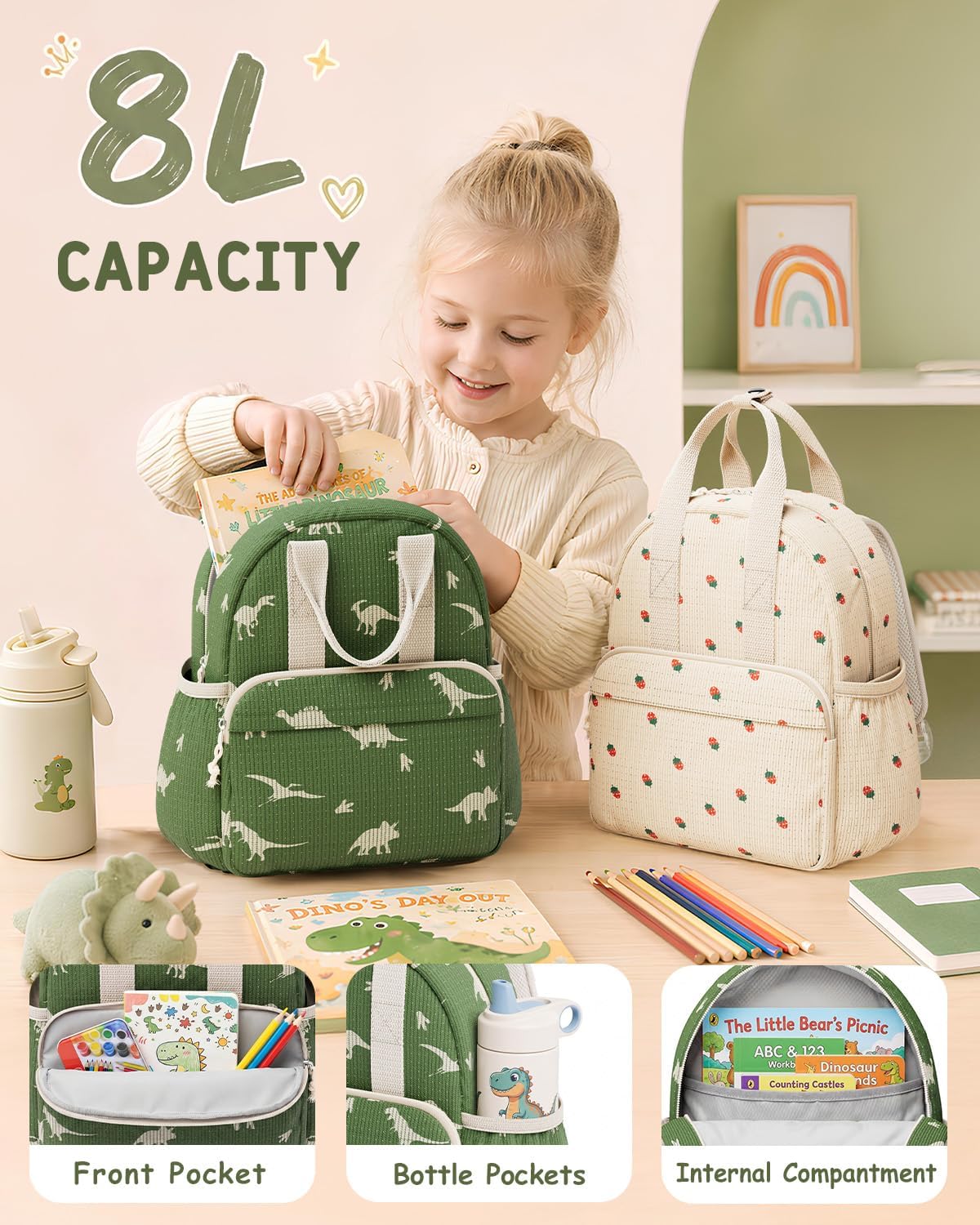 Corduroy Toddler Backpack for Preschool Boys Girls Ages 2-4 | 12 Inch Water-Resistant Small Kids Backpack for School