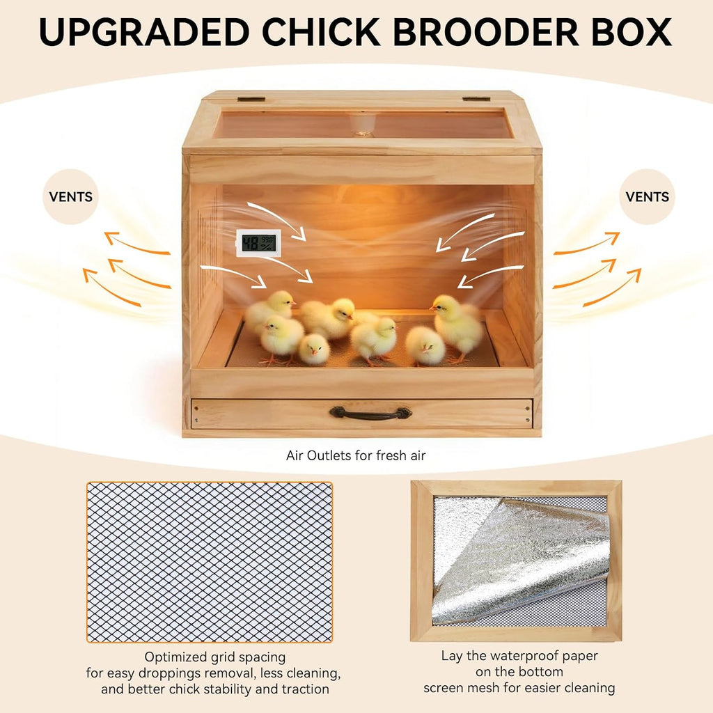 Brooder Box for Chicks, Wooden Chicken Brooder with Heat Lamp