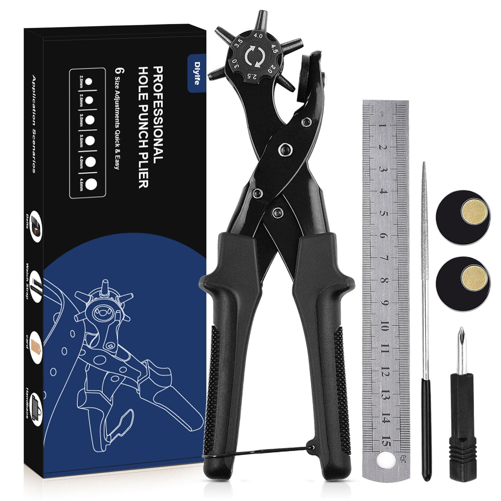 Leather Hole Punch for Belt, Diyife Revolving Punch Plier Kit, 6 Hole Sizes