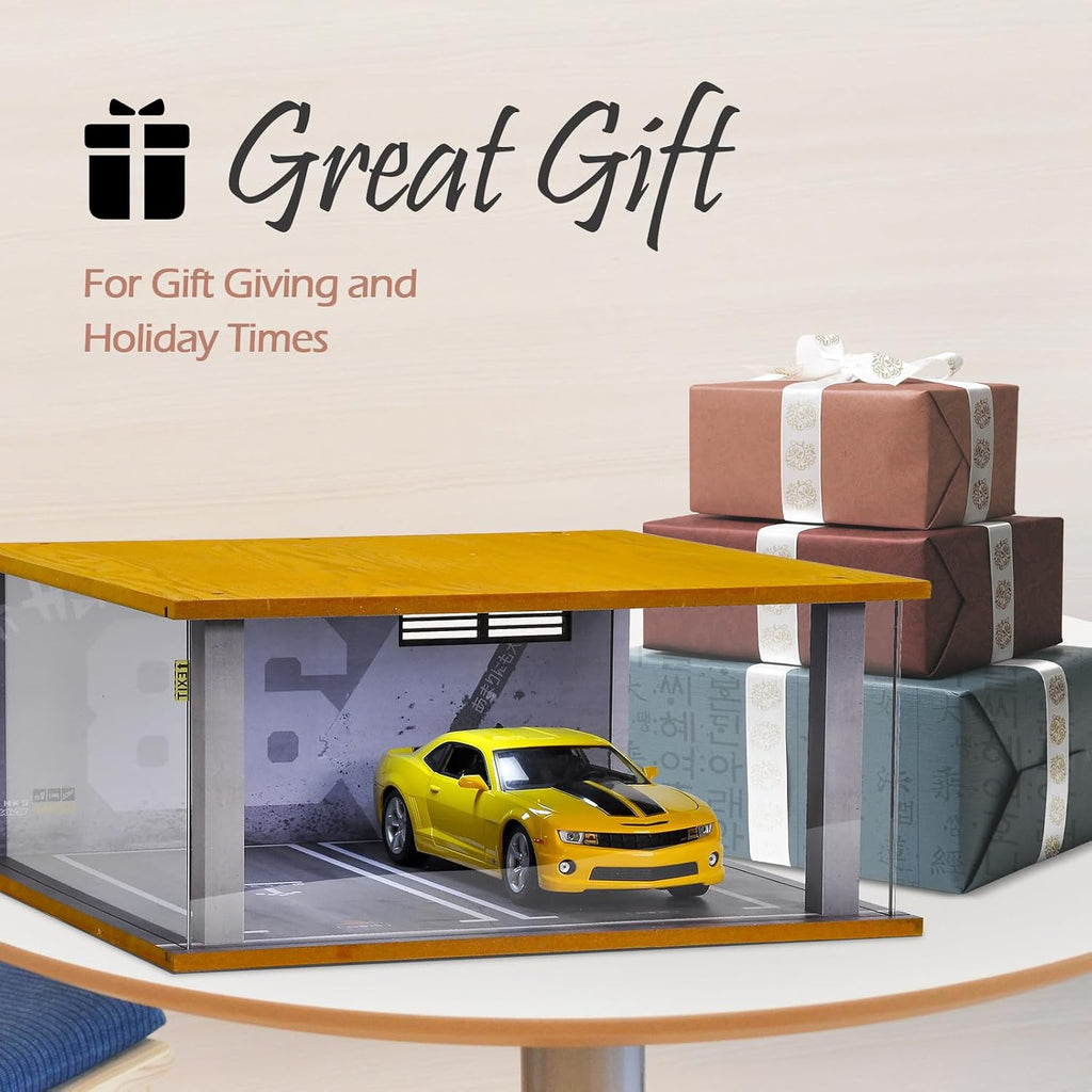 1/18 Scale Wooden Car Garage Display Case Garage Model | 2 Parking Spaces 1/18 Scale LED Light Feature Wooden Garage