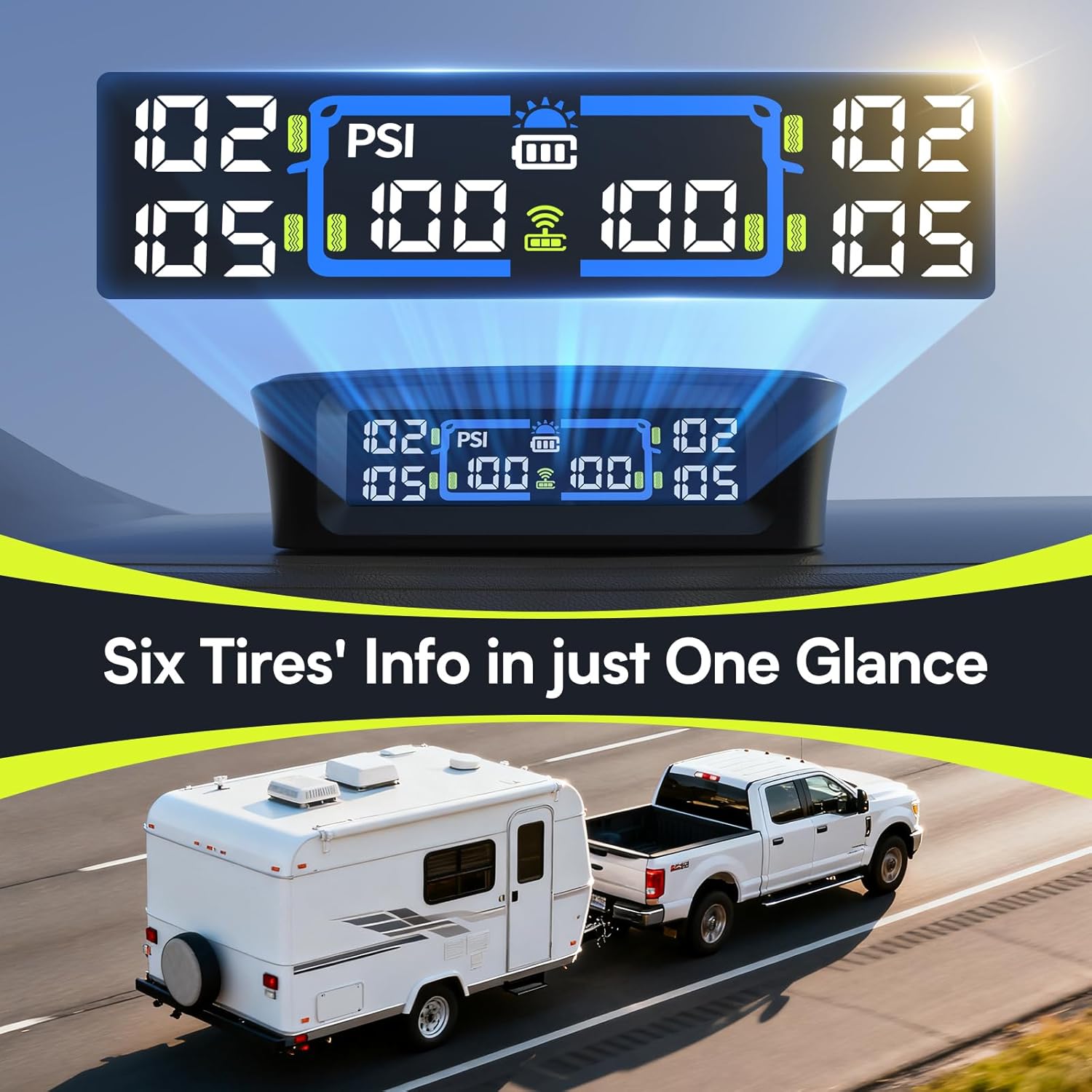 TM12 RV Tire Pressure Monitoring System, TPMS Set of 4 Sensors | Max. 12 Tires Info Monitoring, 6-Tire Display, 6