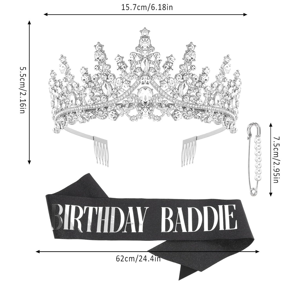Silver Birthday Crown Adult Woman & Glitter Black Gothic Black Birthday Baddie Sash Princess Tiara for Party