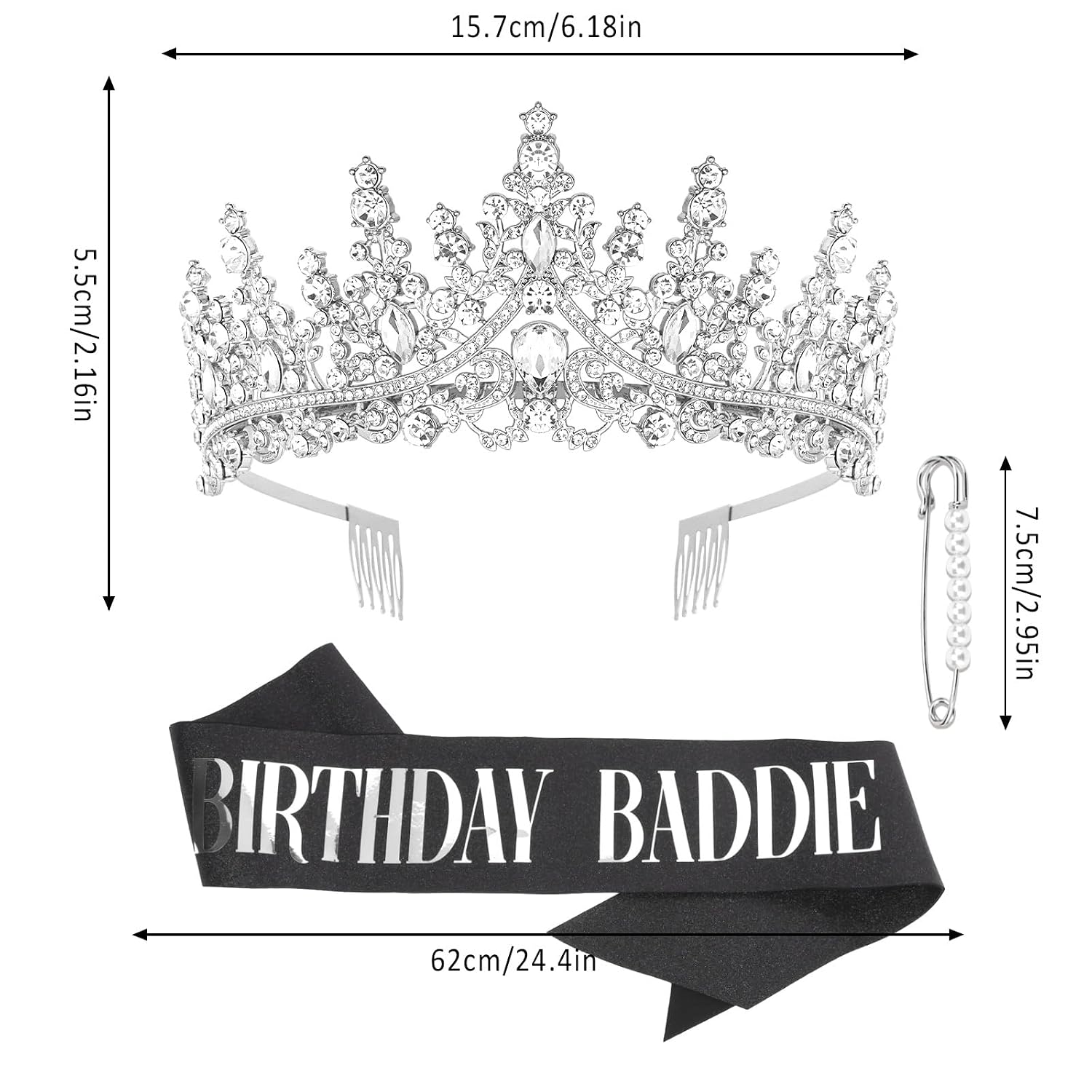 Silver Birthday Crown Adult Woman & Glitter Black Gothic Black Birthday Baddie Sash Princess Tiara for Party